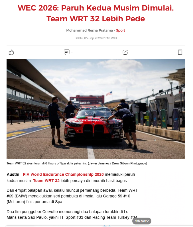 WEC 2026 Paruh Kedua Dimulai, Team WRT 32 Optimistis Tampil Lebih Kompetitif di Spa